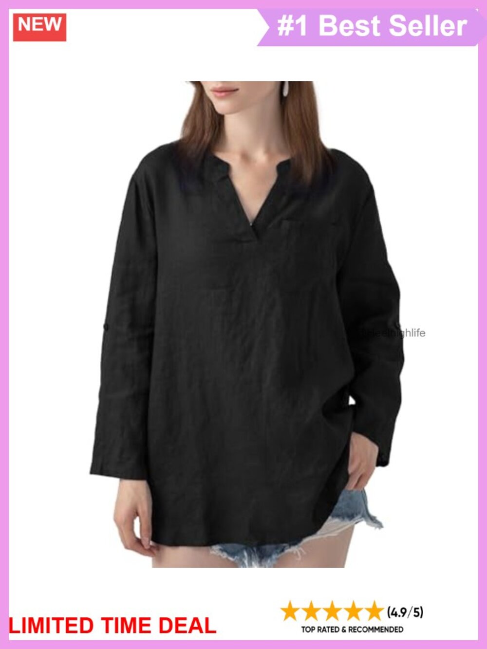 100% Linen V-Neck 3/4 Sleeve Blouse with Chest Pocket